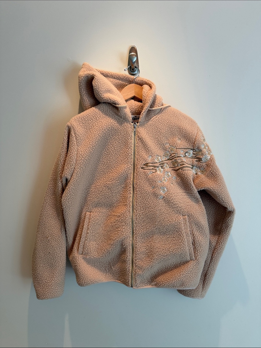 Karakuri Tamashii Fleece Zip Hoodie in Light Tan with Skeleton/Floral Embroidery